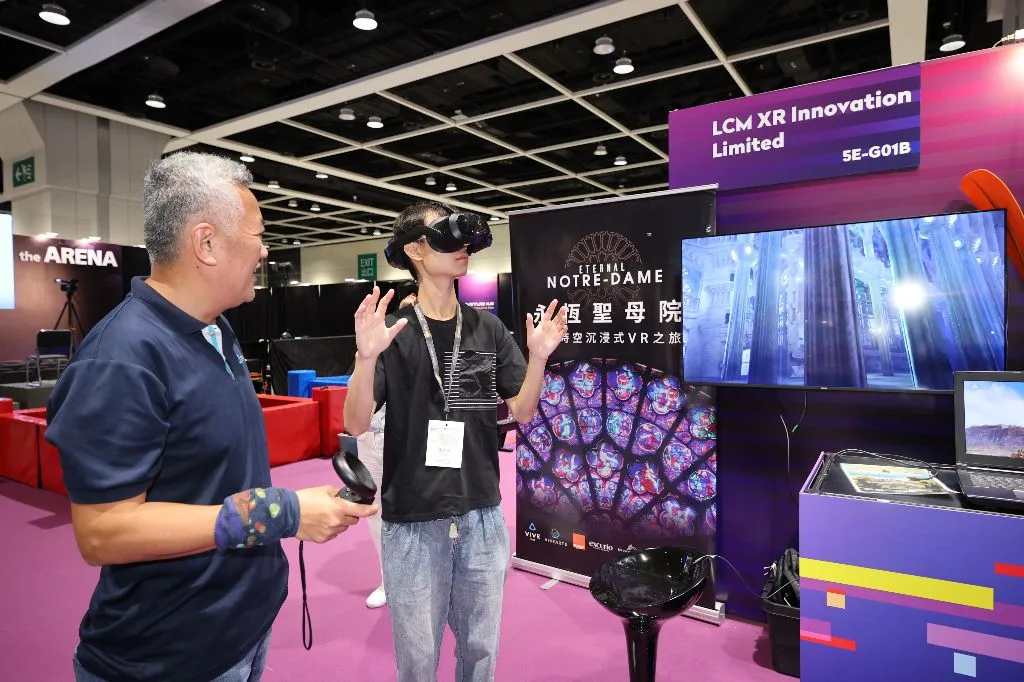 A visitor trying an XR headset demo